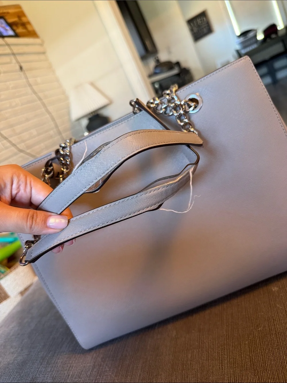 Michael Kors Chain-Handle Saffiano Tote in Light Gray
